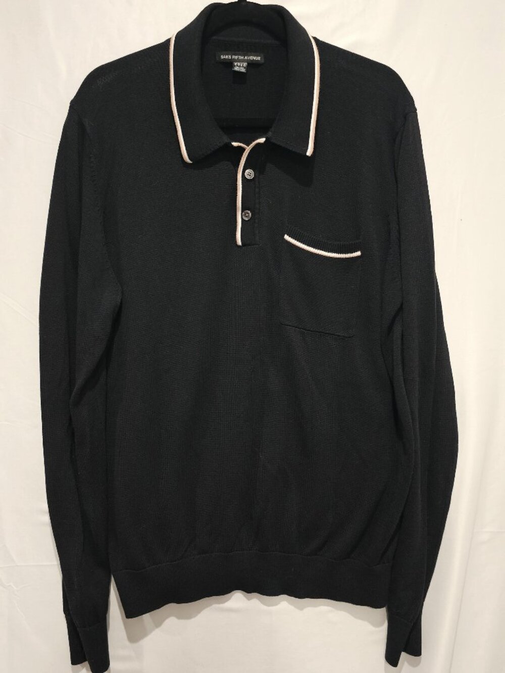 Saks Fifth Avenue Men's XL Knit Polo Sweater Long Sleeve Black White Trim Cotton